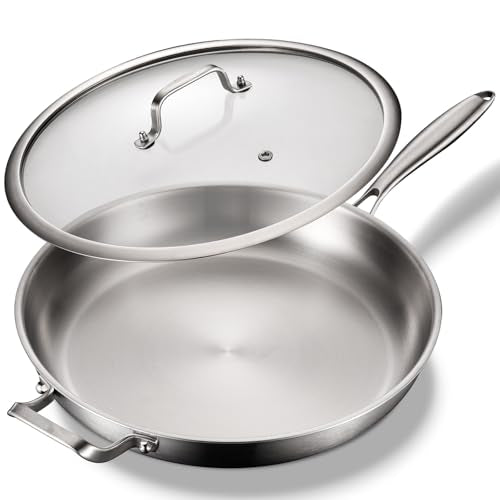 DELARLO Tri-Ply Stainless Steel Pan, 18/10 Frying Pan, Oven Safe Up to 600°F, Nontoxic Cookware, Compatible with All Cooktops Skillet, Durable, Fast Even Heat Fry Pan,Large 14.2 Inch Frying Pan