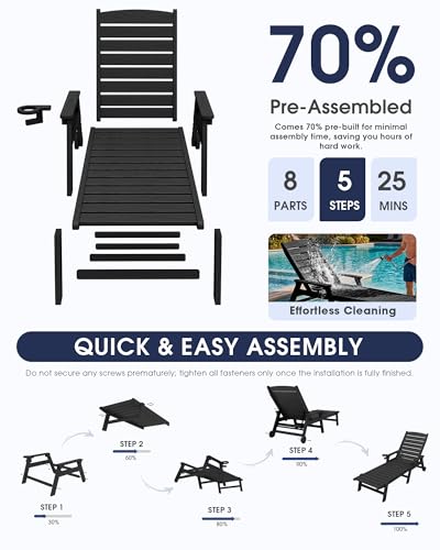 KINGYES HDPE Lounge Chair Outdoor Set of 2, All Weather Pool Lounger