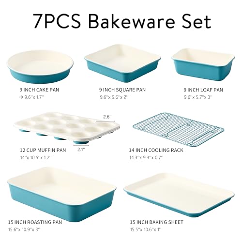 CAROTE 7-Piece Ceramic Baking Pans Set, Aluminized Steel Bakeware Sets, Toxin-Free Nonstick Stackable Oven Pans with Cookie Sheet, Muffin Pan, Loaf Pan, Roasting Pan, Cake Pans, Cooling Rack