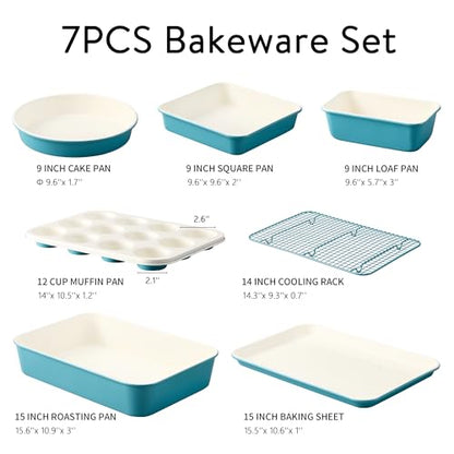 CAROTE 7-Piece Ceramic Baking Pans Set, Aluminized Steel Bakeware Sets, Toxin-Free Nonstick Stackable Oven Pans with Cookie Sheet, Muffin Pan, Loaf Pan, Roasting Pan, Cake Pans, Cooling Rack