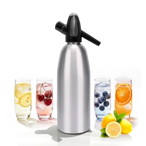 Soda Siphon, 1L Portable Seltzer Maker - Retro-Style Sparkling Water Machine for Homemade Carbonated Drinks, Juices & Cocktails, Uses 8g CO2 Cartridges (Cartridges Not Included) - Silver