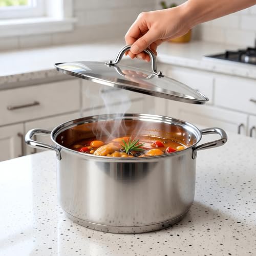 LEUGWAKN 10 Quart Stock Pot with Glass Lid, Premium Food-Grade Stainless Steel Soup Pot, Large Pot for Cooking Stew, Chili & Canning, Induction Compatible Cookware, Dishwasher & Oven Safe