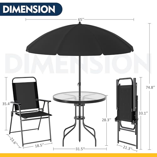 Shintenchi 6 Piece Patio Dining Set with Umbrella, Outdoor Furniture Set with 4 Folding Chairs and Tempered Glass Top Dining Table for Lawn Backyard Garden Porch, Black