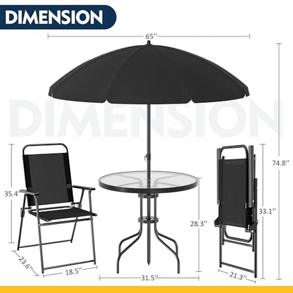Shintenchi 6 Piece Patio Dining Set with Umbrella, Outdoor Furniture Set with 4 Folding Chairs and Tempered Glass Top Dining Table for Lawn Backyard Garden Porch, Black