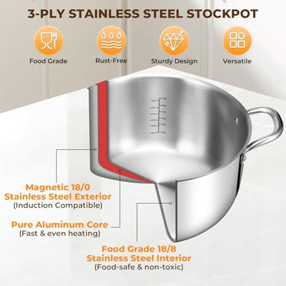 Tri-Ply Stainless Steel Stock Pot, 12 Quart Heavy Duty Induction Cooking Pot with Visible Lid for Pasta, Soup, Spaghetti, Sturdy & Double Handle, Dishwasher Safe