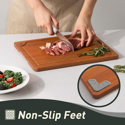 3 Packs Bamboo Cutting Board Set with Non Slip Feet Holder and Over Sink Nice Solid Thick Wood Juice Groove Chopping Board Extra Large Big Small Best Hardwood Kitchen Organic Vegetable Meat BBQ Kit