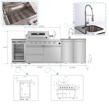 RENDGO 98 Inches 72,000 BTU Stainless Steel Outdoor Kitchen Island - 4 Burner BBQ Propane Gas Grill with Side Burner, 684 sq.in Cooking Area with Porcelain for Patio, Camping, Outdoor Cooking,Silver