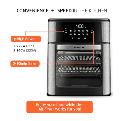 Air Fryer Oven 1800W, 12.7QT Capacity, Touchscreen Panel, Automatic Shut-Off, Toaster + Airfryer – Black & Stainless Steel – Mondial