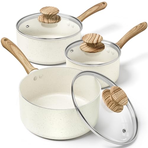 MICHELANGELO Saucepan Set with Lid, Nonstick Sauce Pan Sets with Granite Coatings, Non-Toxic Sauce Pot Sets of 3, Induction Compatible, 1Qt, 2Qt & 3Qt, White