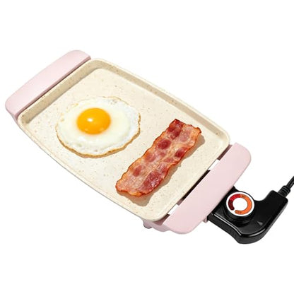 I-Keukenn Small Electric Griddle, 10 Inch Mini Ceramic Non-Stick Electric Skillet with Adjustable Thermostat, 1200W Single Serve Grill for Breakfast, Cooking for Pancakes, Eggs, Sausage, Pink