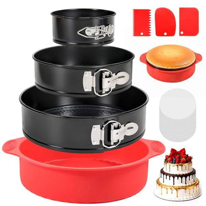 MASSUGAR 4 7 9 Inch Springform Pan Cheesecake Pan with Silicone Protector, 50 Pcs Parchment Paper Liners, 3 Cake Scrapers, Leakproof Round Cake Pan for Baking in Water Bath Nonstick Spring Form Pan