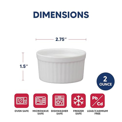 HIC Kitchen Ramekin, Fine Porcelain, For Serving Condiments, Dips, Sauces, And Small Desserts, 2-Ounce Capacity, Set of 6