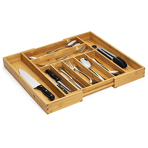 Purawood - Large Premium Bamboo Silverware Organizer - Expandable Kitchen Drawer & Utensil Organizer, 17" x 19.75" Cutlery Tray with Drawer Dividers for Kitchen Flatware (7-9 Slots) (Natural)