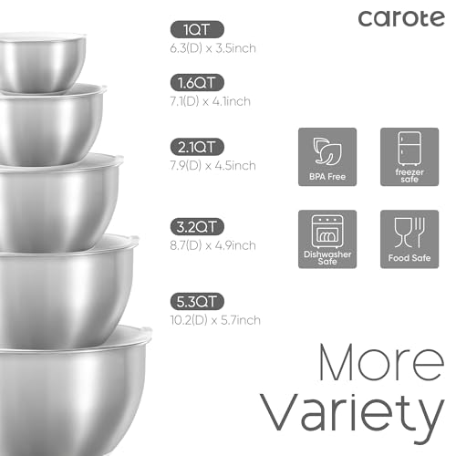 CAROTE Stainless Steel Mixing Bowls with Lids Set,12 Pcs Nesting Bowls Clear Airtight Lids 3 Grater Attachments,Non-Slip Bottoms & Measurement Marks Mixing Bowls,Size 5,3,2,1.5,1QT