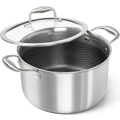 MICHELANGELO Tri-ply Stainless Steel Stock Pot with Lid - 6 Quart, Nonstick Cooking Pot with Honeycomb Interior, Heavy Duty Stockpot, Compatible with All Cooktops