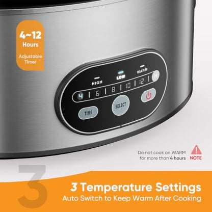 NEWBULIG Slow Cooker 8 Quart, Large Slow Cooker, Ceramic Nonstick Coating, 3 Adjustable Temp Multi Cookers with Dishwasher Safe Stoneware Pot & Tempered Glass Lid, 35in Tangle Free Cord Wrap, Silver