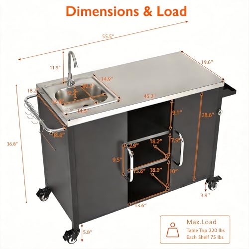 Casaphoria 55.5" Outdoor Kitchen Island with Sink, Stainless Steel BBQ Grill Cart & Pizza Oven Table, Portable Bar Station with Lockable Wheels for Patio Lawn Garden