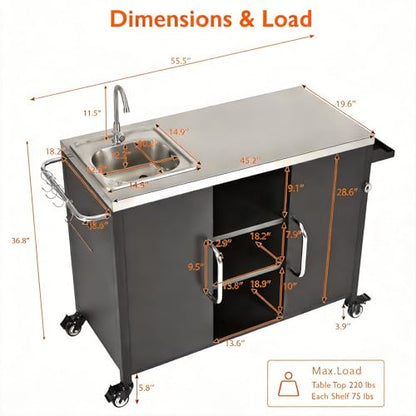 Casaphoria 55.5" Outdoor Kitchen Island with Sink, Stainless Steel BBQ Grill Cart & Pizza Oven Table, Portable Bar Station with Lockable Wheels for Patio Lawn Garden