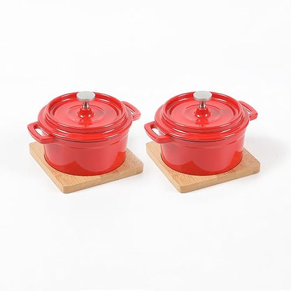 HAWOK Enameled Cast Iron Mini Cocotte Sauce pan with Lid 270ml/9.13oz/1.08cups Mini Dutch Oven Red Set of 2