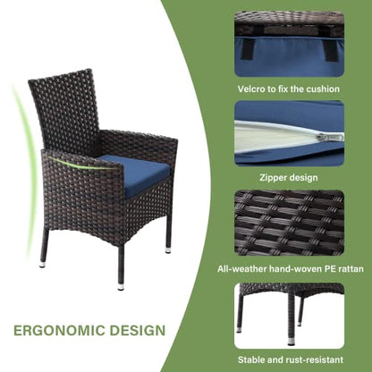 ALAULM 5 Piece Patio Dining Set All-Weather Wicker Outdoor Furniture Set w/Tempered Glass Tabletop, Removable Cushions and Umbrella Hole for Patio, Backyard, Garden, Poolside（Navy）