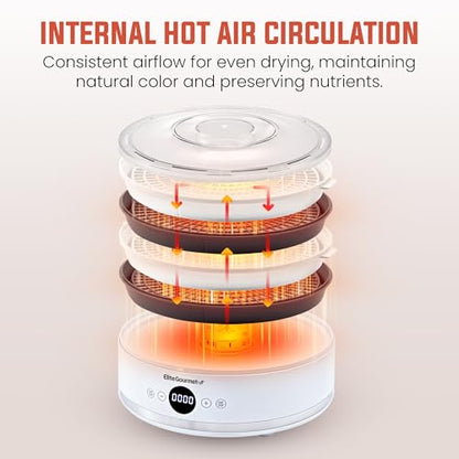 Elite Gourmet EFD329WD Digital Food Dehydrator with 5 BPA Free SlimStore™ Collapsible Trays for Compact Storage, Adjustable Timer and Temperature Controls, Jerky, Herbs, Fruit, Veggies, Snacks, White