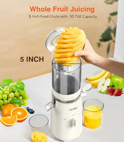Juicer Machines, 2-in-1 Cold Press Juicer for Juice & Sorbet, suit for Vegetable and Fruit with 5-Inch Wide Chute, Powerful Masticating/High-Yield High Nutrients/Rev Mode/Easier Clean (White)
