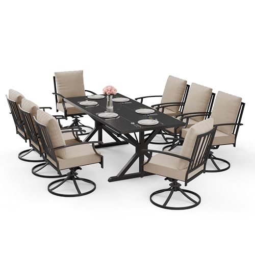 ALAULM 9-Piece Patio Dining Set,Outdoor Metal Dining Set with 8 Swivel Chairs & Rectangle Table with 1.5 Umbrella Hole, Patio Dining Table and Chairs for Backyard, Sand