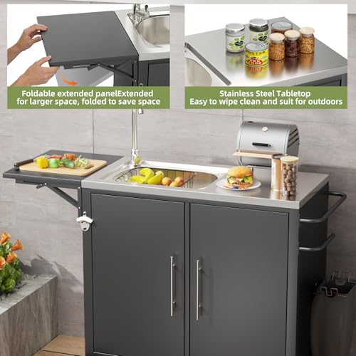 ahomrt Outdoor Grill Table with Sink, Metal Worktable Kitchen Cabinet Island w/ 304 Stainless Steel Sink, Foldable Top and Storage Cabinet, Rolling Grill Cart with Wheels for Garden, Backyard and Lawn