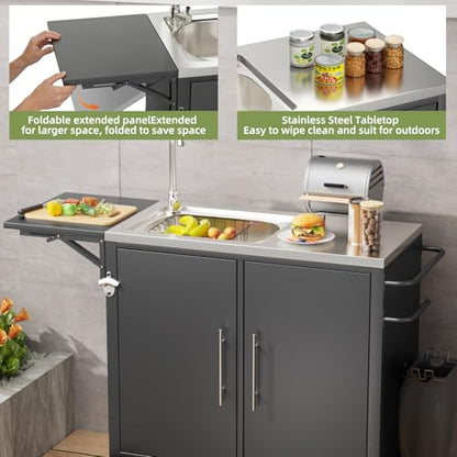 ahomrt Outdoor Grill Table with Sink, Metal Worktable Kitchen Cabinet Island w/ 304 Stainless Steel Sink, Foldable Top and Storage Cabinet, Rolling Grill Cart with Wheels for Garden, Backyard and Lawn