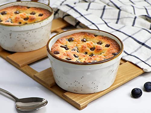 ONEMORE 12 oz Ramekins Oven Safe - Set of 6 Speckled Ceramic Souffle Dishes with Brown Rim for Baking Creme Brulee, French Onion Soup, Pot Pies, and More | Rustic Design with Warm Cream Glaze