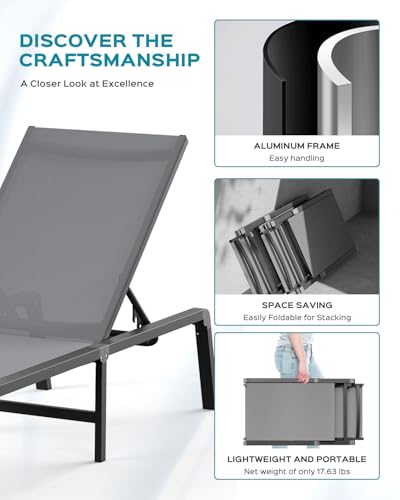 Aluminum Chaise Lounge Ourdoor - Foldable & Assemble Free Outdoor Lounge Chair with 5 Adjustable Backrest, Patio Lounge Chair for Outside Poolside Beach Pool, Grey
