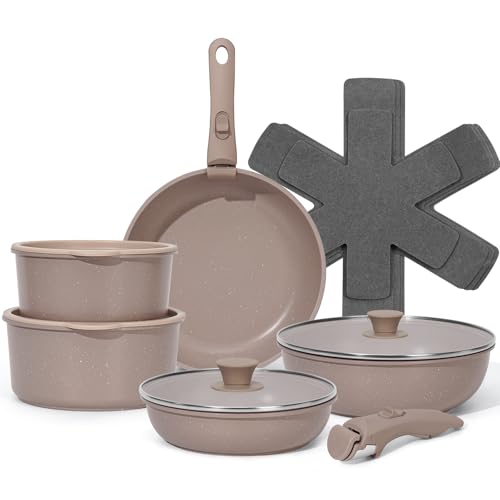 SODAY 15Pcs Pots and Pans Set Non Stick, Cookware Sets with Detachable Handle, Nonstick RV Kitchen Cooking Tools Removable Handles, Oven Safe, Induction Fast, Stackable Induction Cookware, Brown