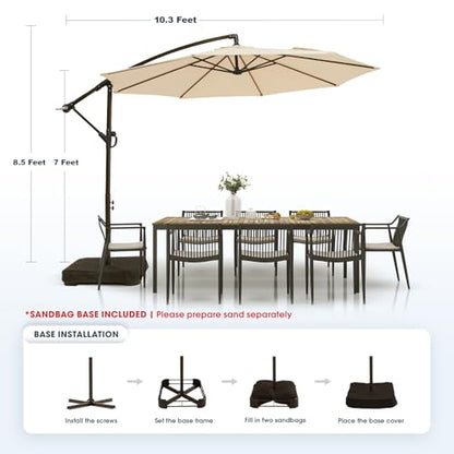 wikiwiki 10ft Patio Umbrella with Base Included, Outdoor Offset Cantilever Umbrella with Sandbag Base for Backyard, Garden and Pool, Easy to Tilt and Crank, Beige
