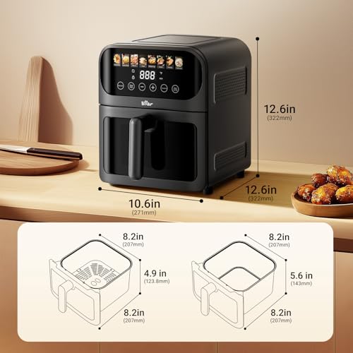 Bear Air Fryer, Stainless Steel Airfryer 8 Presets for Fast Family Meals, 6.4Qt Large Visible Window Temp Timer Adjustable Roast Bake Crisp French Fries Steak, Non Stick Basket Dishwasher Safe