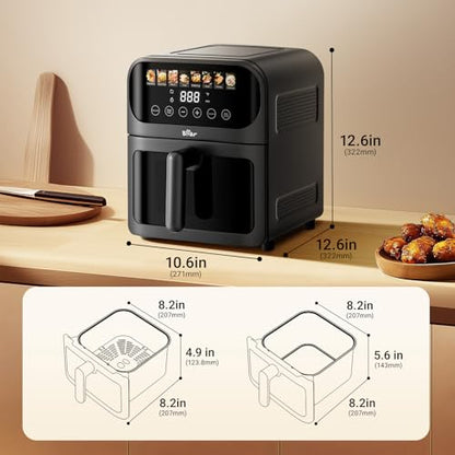 Bear Air Fryer, Stainless Steel Airfryer 8 Presets for Fast Family Meals, 6.4Qt Large Visible Window Temp Timer Adjustable Roast Bake Crisp French Fries Steak, Non Stick Basket Dishwasher Safe