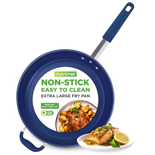 NutriChef 14" Extra Large Fry Pan - Skillet Nonstick Frying Pan with Silicone Handle, Ceramic Coating, Blue Silicone Handle, Stain-Resistant And Easy To Clean, Professional Home Cookware