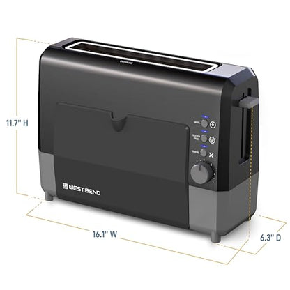 West Bend QuikServe Toaster, 2-Slice Wide-Slot Slide-Through Bread Toaster with Bagel and Gluten-Free Settings and Cool-Touch Exterior Fast Toasting, Includes Removable Serving Tray, 1400-Watts, Black