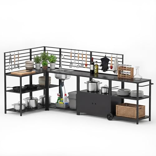 LYNSLIM 5-Piece Outdoor Grill Table Kitchen Island with Ample Storage Cabinet, Outdoor Metal Grill Cart, Independence Steel Sink & Drainage w/Faucet (Black, Outdoor Kitchen Lsland)