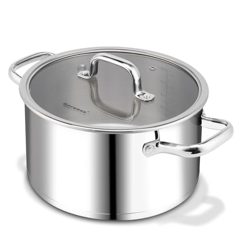 Rorence Stainless Steel Stock Pot, Tri-Ply Base Large Pot Induction Cooking Pot with Lid for All Stoves, Oven & Dishwasher Safe, 6-Quart