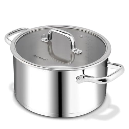 Rorence Stainless Steel Stock Pot, Tri-Ply Base Large Pot Induction Cooking Pot with Lid for All Stoves, Oven & Dishwasher Safe, 6-Quart