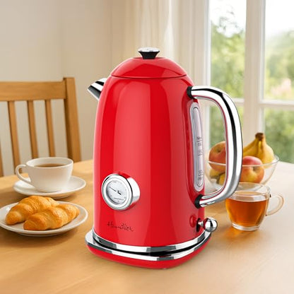 Harriet Electric Kettle, 1.8L Retro Electric Tea Kettle with Thermometer, 1500W Stainless Steel Hot Water Kettle Electric with LED Indicator, Fast Boiling, Cordless, Auto Shut-Off, Red