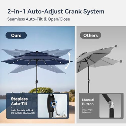 PHI VILLA 10ft Patio Umbrella with Light, Outdoor Large Auto-Tilt 3 Tier Market Table Umbrellas with 8 Sturdy Ribs and 1.5" Pole for Lawn Poolside Garden Terrace,Navy Blue