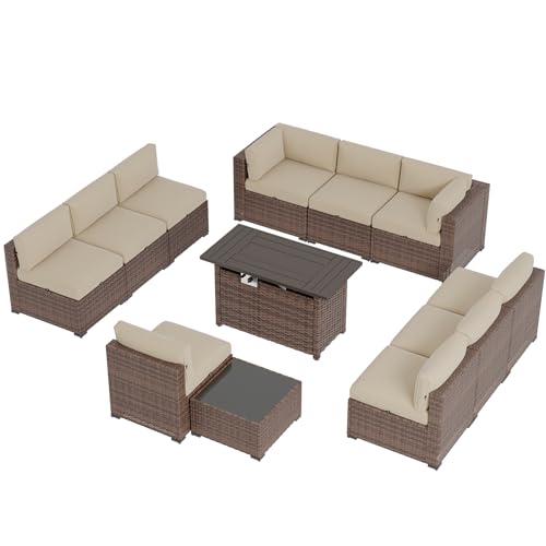 Aoxun Patio Furniture Sets, 12-Piece Outdoor Patio Furniture with 44'' Propane Gas Firepit Table, Wicker Outdoor Conversation Set Sectional Sofa for Backyard, Poolside, Garden