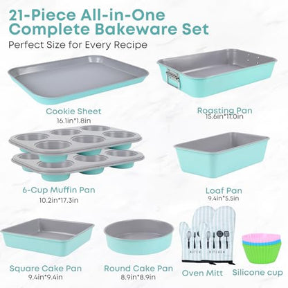 Spmarkt 21-pieces Stackable Nonstick Bakeware Set, PTFE/PFOA/PFOS Free Baking Pans Set with Silicone Cup, Oven Mitt, Complete Kitchen Baking Kit for Cake & Loaf, Cookies, Cupcakes