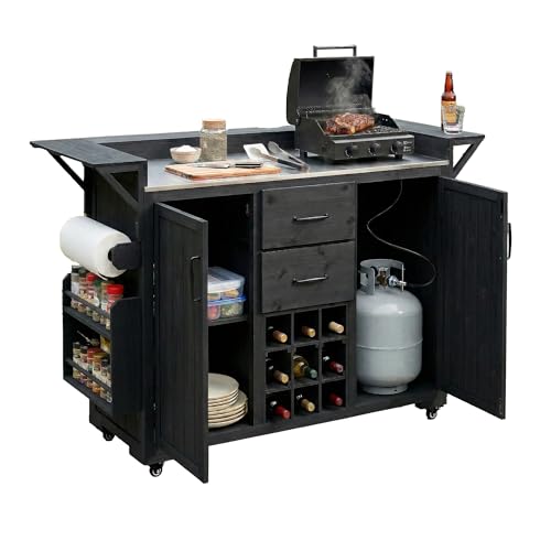 Merax 60.2''W Outdoor Kitchen Island on Wheels with Stainless Steel Top, Wood Rolling Patio Grill Cart with Storage Cabinets, Drawers, Spice Rack & Wine Rack, Outdoor Grill BBQ Prep Table, Black