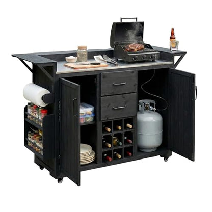 Merax 60.2''W Outdoor Kitchen Island on Wheels with Stainless Steel Top, Wood Rolling Patio Grill Cart with Storage Cabinets, Drawers, Spice Rack & Wine Rack, Outdoor Grill BBQ Prep Table, Black