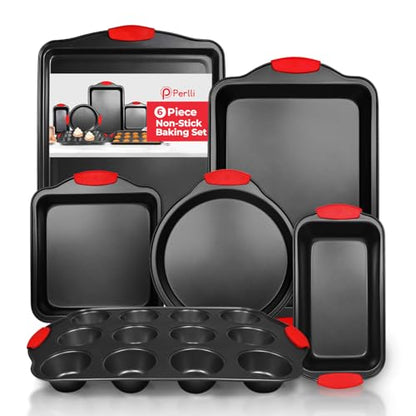 PERLLI Non-Stick 6-Piece Baking Pan Set, BPA-Free Carbon Steel Bakeware Set with Silicone Handles, Stackable Kitchen Oven Set, Cookie Sheet, Baking Tray, Baking Sheet Set, Oven Safe (446°F)