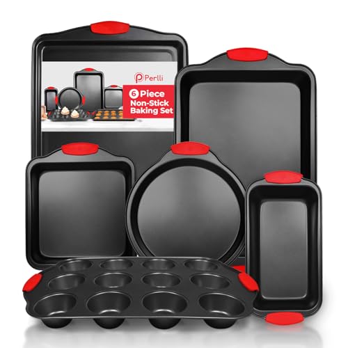 PERLLI Non-Stick 6-Piece Baking Pan Set, BPA-Free Carbon Steel Bakeware Set with Silicone Handles, Stackable Kitchen Oven Set, Cookie Sheet, Baking Tray, Baking Sheet Set, Oven Safe (446°F)