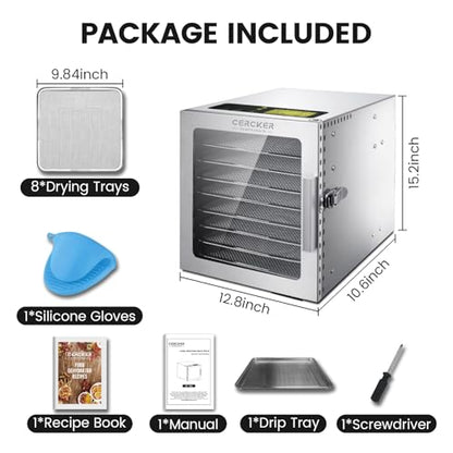 Cercker Food-Dehydrator Machine 8 Stainless Steel Trays, 500W Jerky Dehydrator for Meat, 190ºF Mushroom Dryer, 24H Timer Fruits Dryer for Herbs, Veggies, Yogurt & Dog Treats