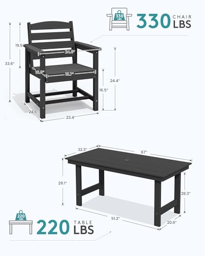SERWALL 7-Piece Patio Dining Table Sets, Outdoor HDPE Dining Furniture Set with Umbrella Hole Cut-Out Table and 6 Chairs, Black